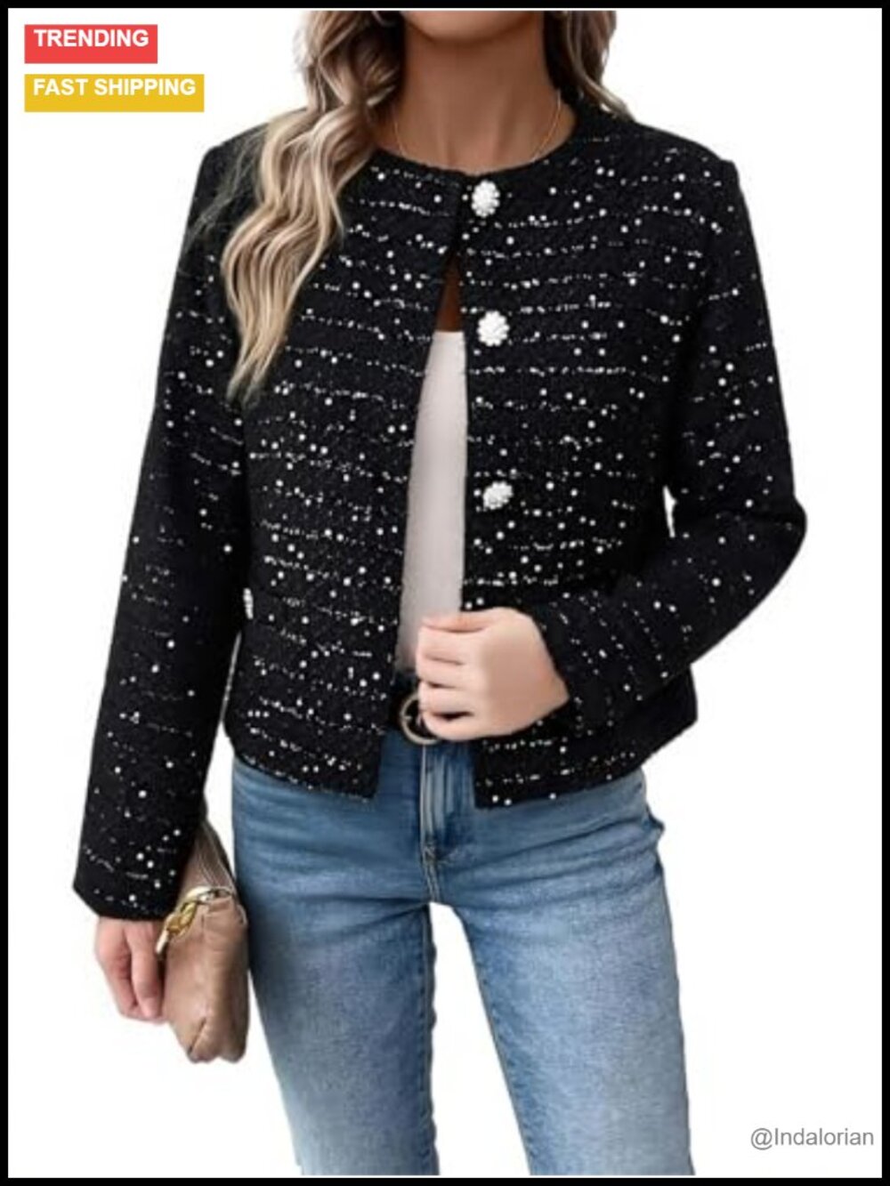 Cropped Tweed Sequin Blazer Round Neck Sparkly Jacket for Women